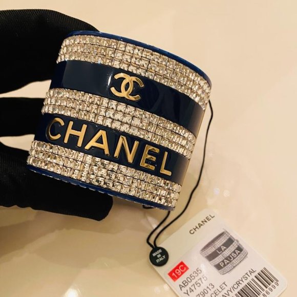 Chanel Navy Blue Crystal Studded Bracelet Cuff - Picture 10 of 12